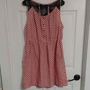 Pink Polka Dot Sleeveless Dress Size Large with Black Lace Detail